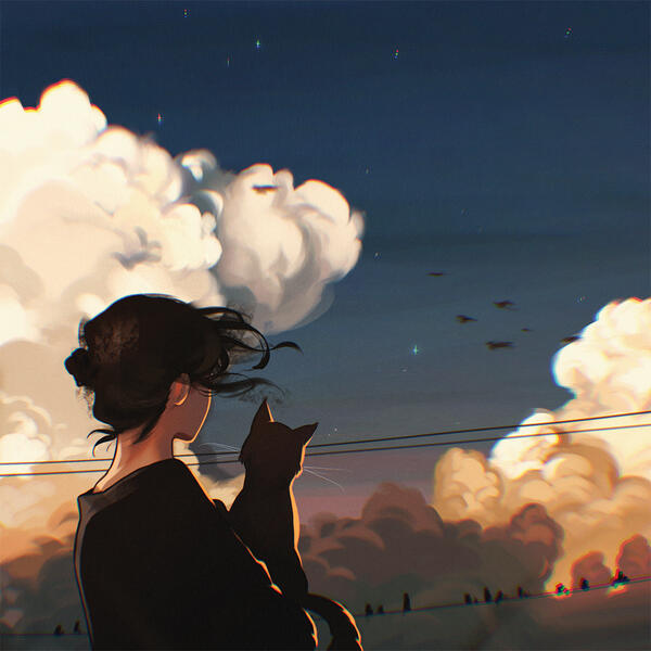 detailed painting with sunset background